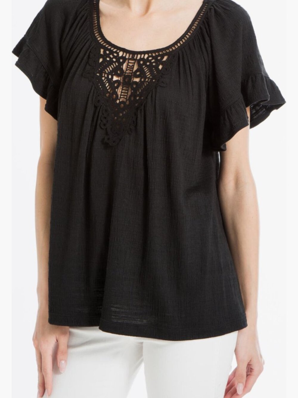 Max Studio Flutter Sleeve Crochet Top Black Boho Scoop Neck
